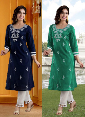 vikshi Women Chikan Embroidery Straight Kurta(Multicolor)