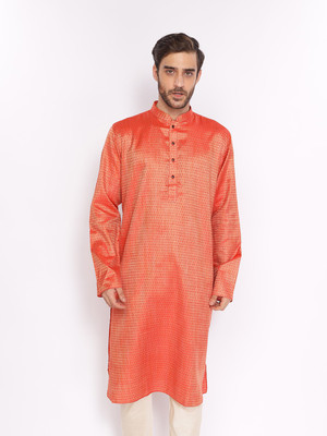 Zois Men Self Design A-line Kurta(Orange)