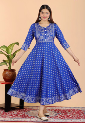 NANERA Women Printed Anarkali Kurta(Light Blue)