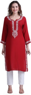 FAWOMENT Women Chikan Embroidery Straight Kurta(Maroon)