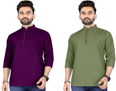 click n buy Men Solid Asymmetric Kurta(Purple, Green)