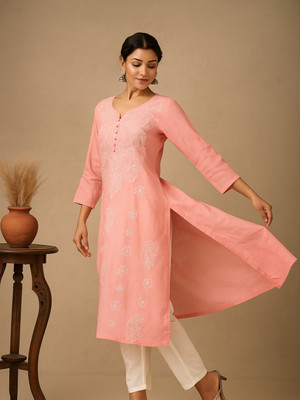 VELORA Women Chikan Embroidery A-line Kurta(Pink)