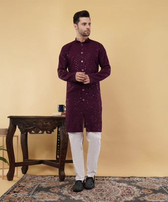 ADHIRAJAN Men Chikan Embroidery Straight Kurta(Purple)