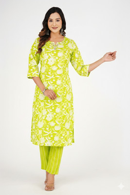 skytick Women Floral Print, Printed Straight Kurta(Light Green)