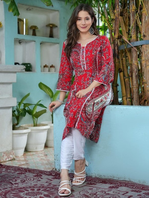 Zinariya Fab Women Printed Straight Kurta(Red)
