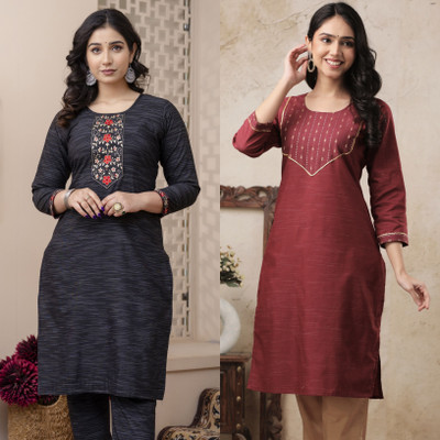 AUZAAI COLLECTION Women Embroidered Straight Kurta(Maroon, Black)