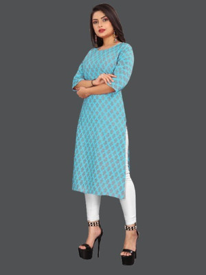 dharmanandan creation Women Printed Straight Kurta(Blue)