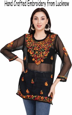 Nazaqat Women Chikan Embroidery Flared Kurta(Black)