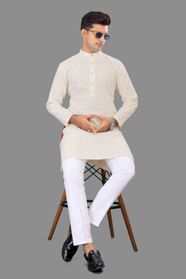 ketons Men Embroidered Straight Kurta(Beige)