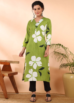 maaesa Women Geometric Print A-line Kurta(Green)