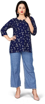 Antraa creation Women Printed Flared Kurta(Blue)