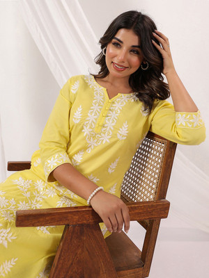Janasya Women Embroidered Straight Kurta(Yellow)