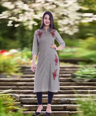 Mehsoos Women Embroidered Straight Kurta(Grey)