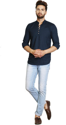 A-Okay Men Solid Straight Kurta(Dark Blue)