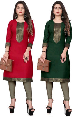 HEER CREATIONS Women Self Design Straight Kurta(Green, Red)