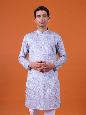 Namaskar Men Printed Straight Kurta(Grey)