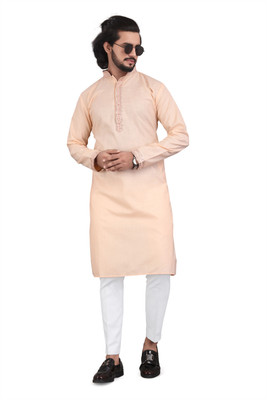 Gupta Men Woven Design A-line Kurta(Beige)