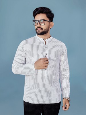 allan peter Men Striped Straight Kurta(White)