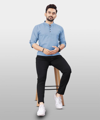 kanha creation Men Solid Straight Kurta(Light Blue)