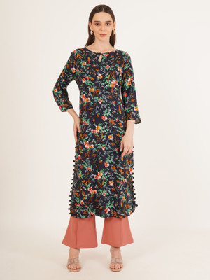 9 impression Women Printed A-line Kurta(Dark Blue)