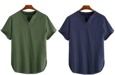 GUYS HUB Men Solid Straight Kurta(Blue, Grey)