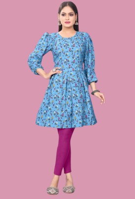 vrajfabrics Women Printed Flared Kurta(Blue)