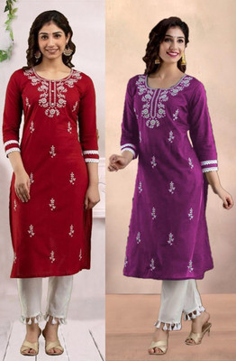 vikshi Women Embroidered Straight Kurta(Purple, Maroon)