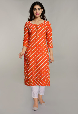 SENORAS Women Striped Straight Kurta(Orange)