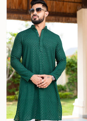 FOXDX Men Embellished Straight Kurta(Green)