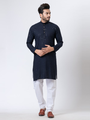 Increaft Men Chikan Embroidery A-line Kurta(Dark Blue)
