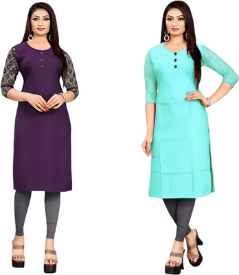 HOFC Women Solid Straight Kurta(Purple, Blue)