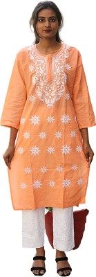 J K FASHION Women Chikan Embroidery Straight Kurta(Orange)