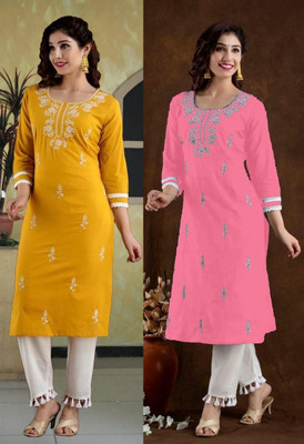 SISTO Women Chikan Embroidery Straight Kurta(Multicolor)