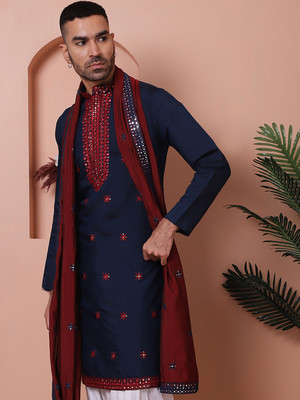 Jompers Men Embroidered Straight Kurta(Blue)
