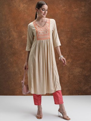 Vishudh Women Solid A-line Kurta(Beige)