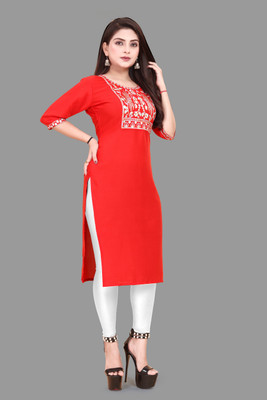 WOMENSILK Women Embroidered A-line Kurta(Red)