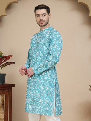Jompers Men Printed Straight Kurta(Blue)
