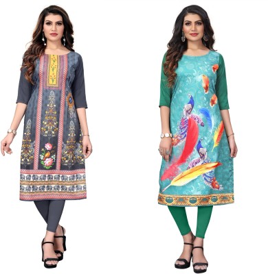 Yasti Enterprise Women Printed Anarkali Kurta(Grey, Light Green)