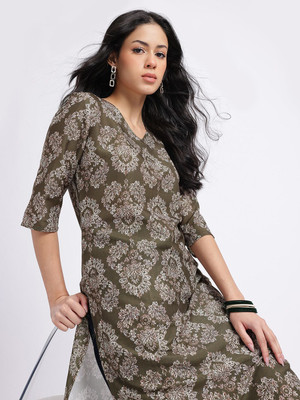 Anouk Rustic Women Floral Print Straight Kurta(Green)
