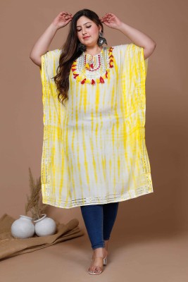 MIRAVAN Women Embroidered Kaftan Kurta(Yellow, White)