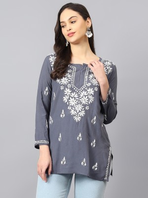 SHREE SHYAM FEBRIC Women Chikan Embroidery Straight Kurta(Grey)