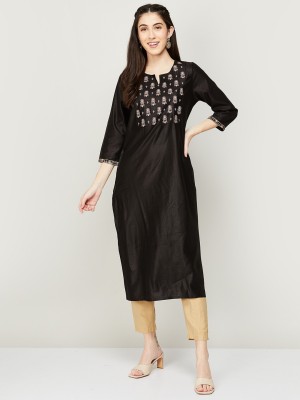 Melange by Lifestyle Women Embroidered Straight Kurta(Black)