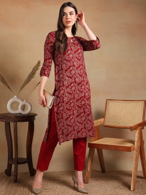 AHIKA Women Printed Straight Kurta(Maroon)