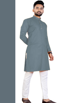 V Alang House Men Solid Straight Kurta(Grey)