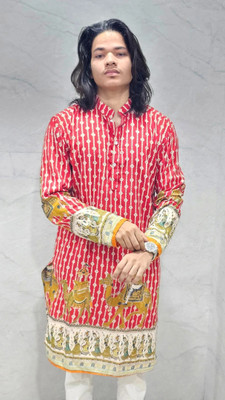 vastraveda Men Floral Print Pathani Kurta(Yellow, Red)