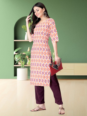 EthnicBasket Women Striped A-line Kurta(White, Orange, Purple)