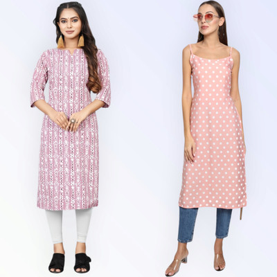 KAUTAQI Women Polka Print Straight Kurta(Multicolor)