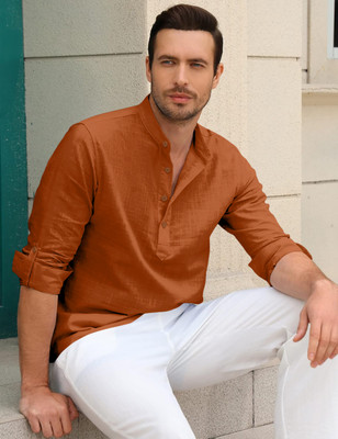SHOPYCLICK Men Solid, Self Design Straight Kurta(Brown)