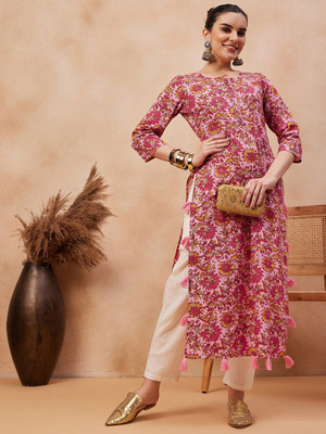 ANOUK Women Floral Print Straight Kurta(Pink)