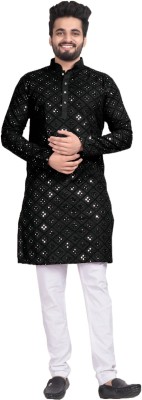 Shree Sundha Men Embroidered Straight Kurta(Black)